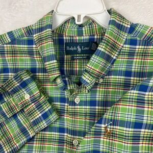 Ralph Lauren Button Down Shirt Mens 2XL Green Blue Plaid Flesh Pony Long Sleeve